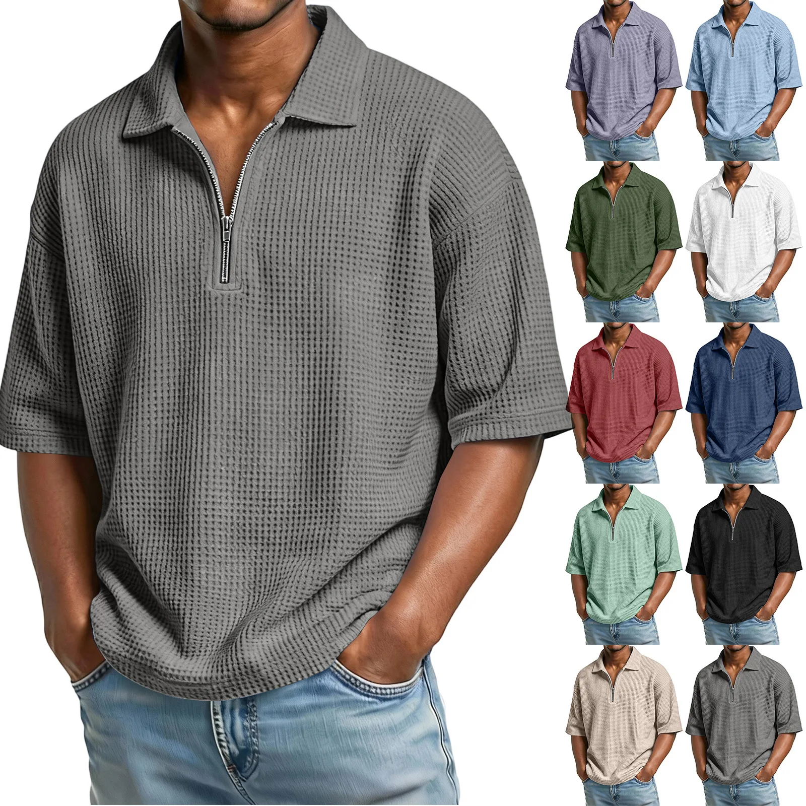 Men's Waffle Summer Solid Color Short-sleeved Lapel Polo Shirt Sports Casual Simple Men's T-shirt