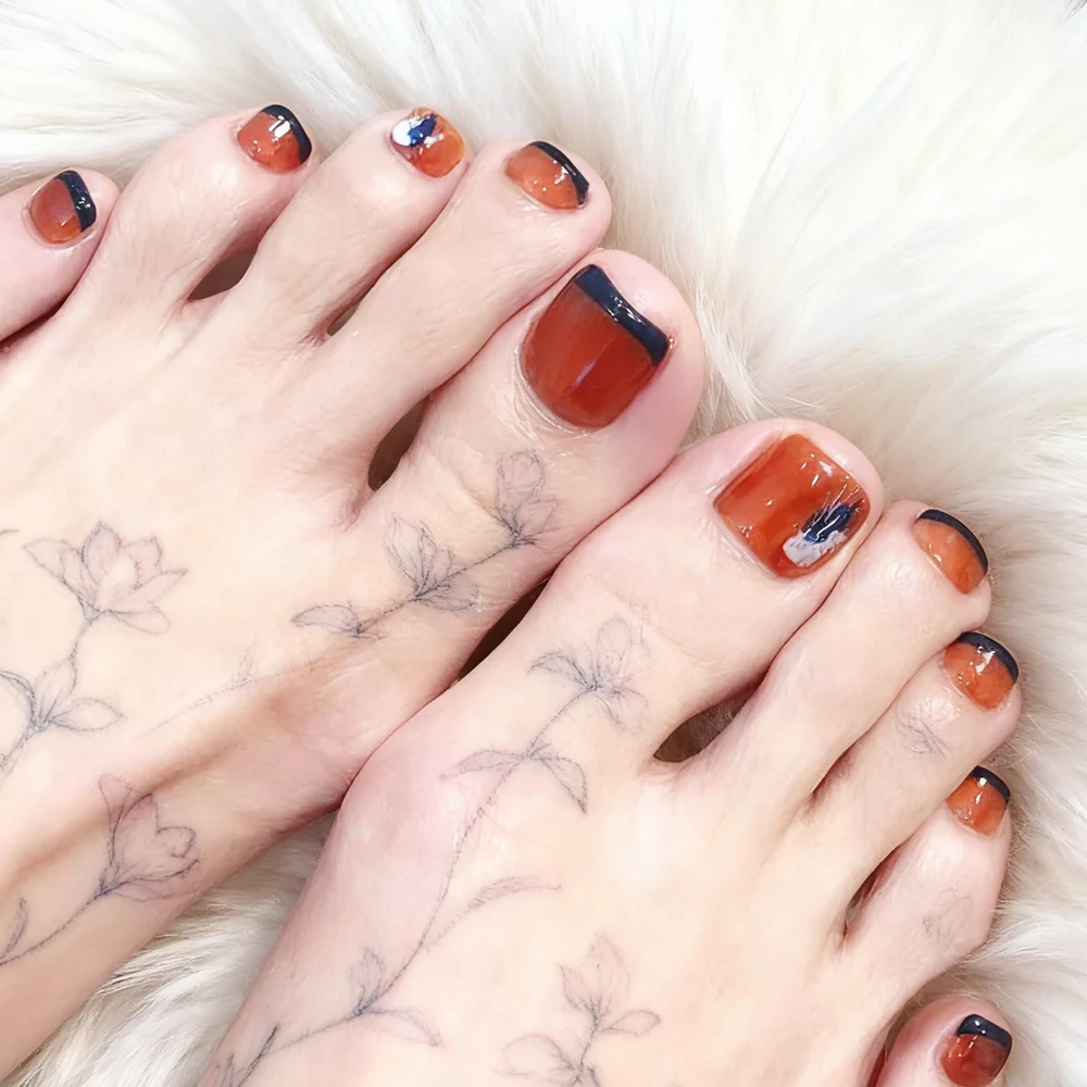 French Tips Press on Toenails For Woman Caramel Acrylic Fake Toe Nails With Glue Easy DIY Manicure Accessories