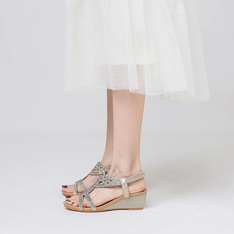 

Summer new bohemian women's sandals wedge heel rhinestone elastic band, slip resistant wearing outside shoes