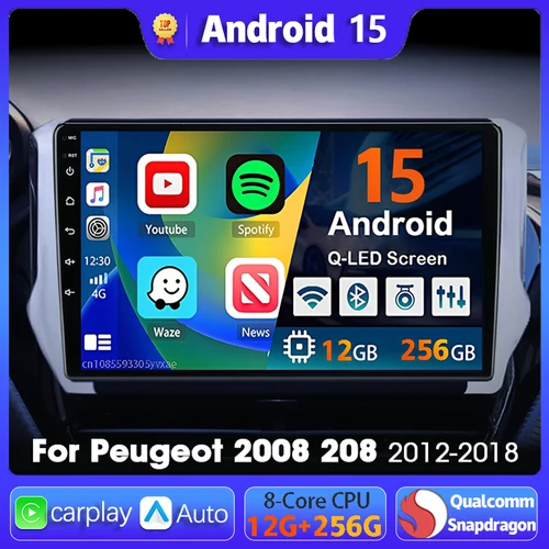 Imagen 1 del producto Reproductor Multimedia de navegación Android 15 para Peugeot 2008 208 Series 2012 2013 2014 - 2018 Carplay Auto estéreo BT vídeo radio de coche