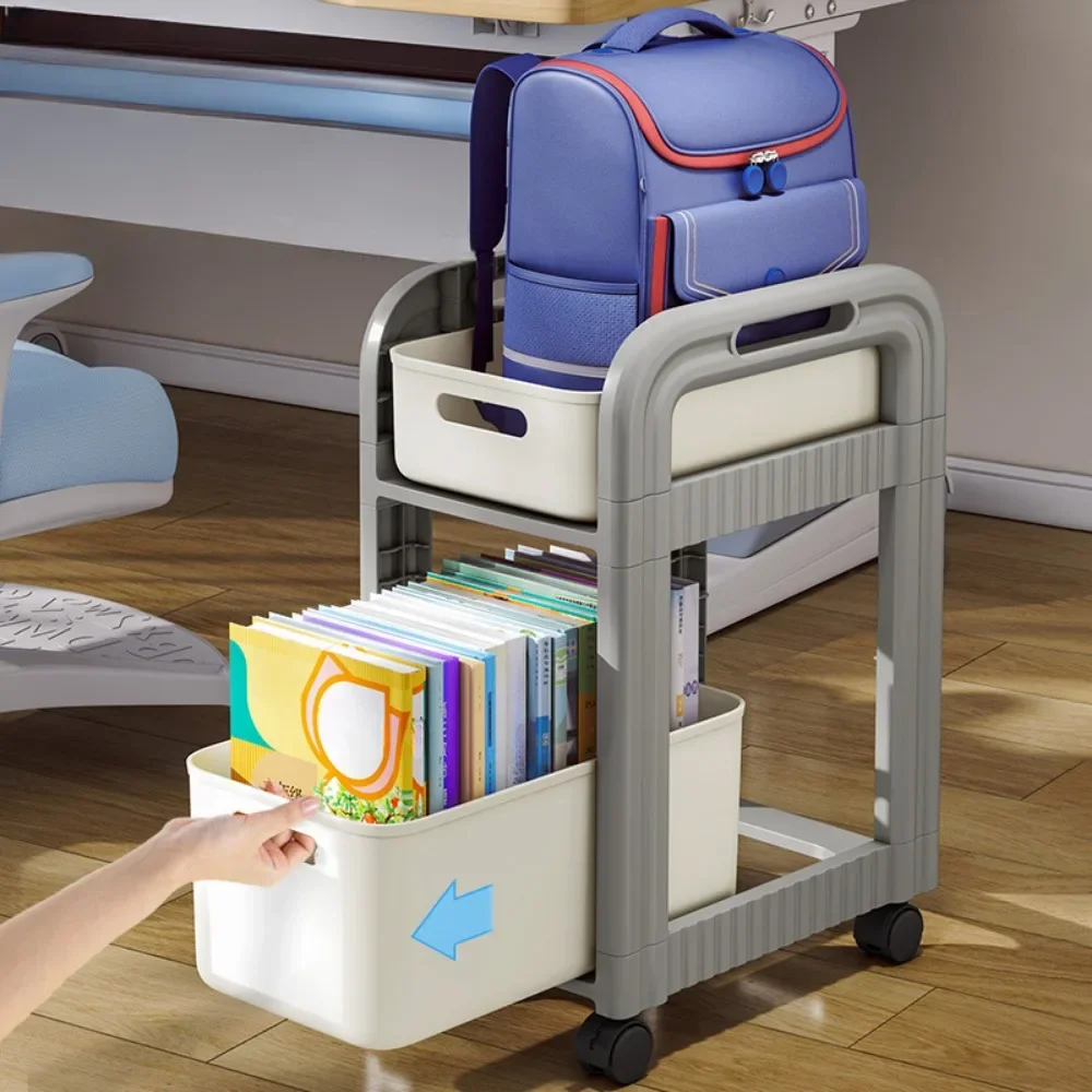 CANBOUN Rolling Cart 2-Tier School Bag Shelves Movable Bookshelves Drawer Style Storage Rack Under-Table Wheeled Snack Storage T