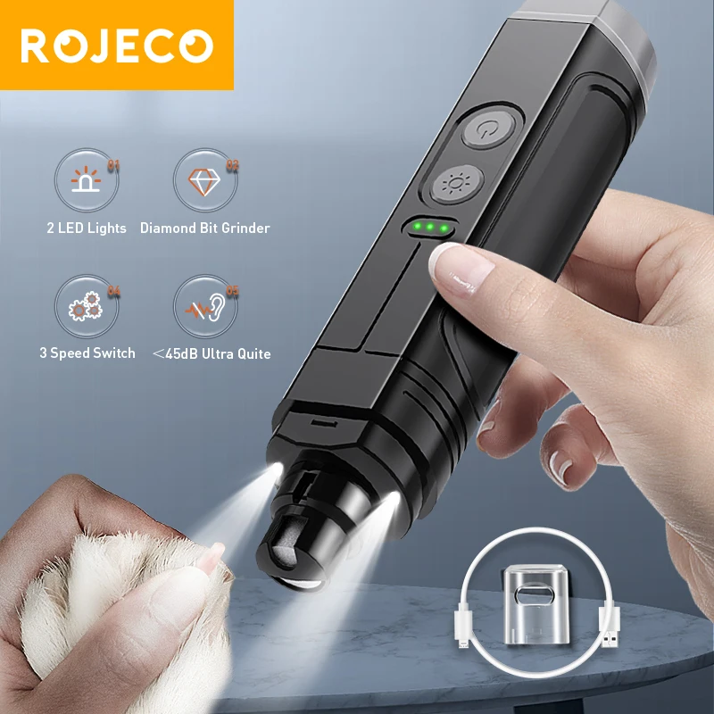 ROJECO P3 Elektryczna szlifierka do paznokci dla zwierząt Profesjonalne obcinacz do paznokci dla psów + 2 diody LED Akumulatorowe akcesoria do pielęgnacji pazurów kota