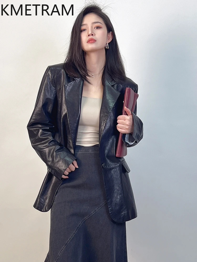 100% Sheepskin Jacket Women Fashion Black Mid Length Genuine Leather Suit Jackets Woman 2025 Autumn Ladies Clothes дубленка