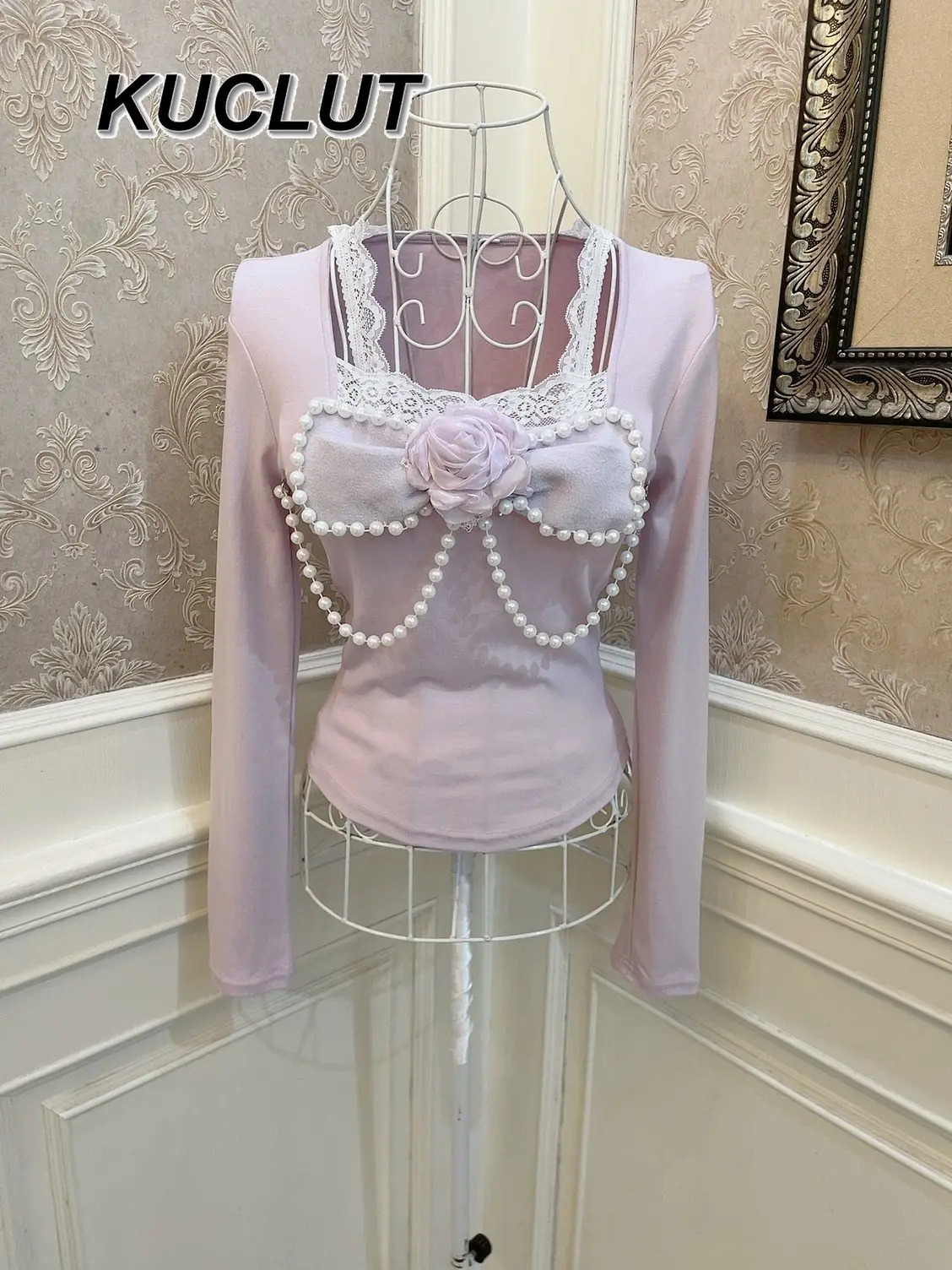 

Kawaii Lolita Princess Rose Bow Pearl Chain Lace T-Shirt Women Stretch Slim Fit Long Sleeve Top Tshirt Spring New 2026