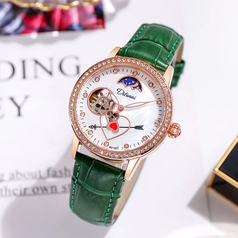 Relojes mecánicos automáticos con caja de oro rosa para mujer, relojes de pulsera con flechas de Cupido de diamante, reloj de cuero rosa para mujer,