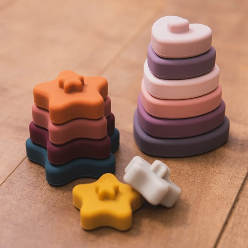 6 Stuks Baby Montessori Speelgoed Zachte Bouwstenen Siliconen Stapelen Blokken Liefde Vorm Regenboog Kleuren Siliconen Constructie Speelgoed Gift