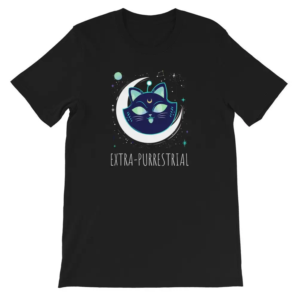 تي شيرت إضافي Purrestrial ملابس Alien Cat Cresent Moon UFO Intergalactic