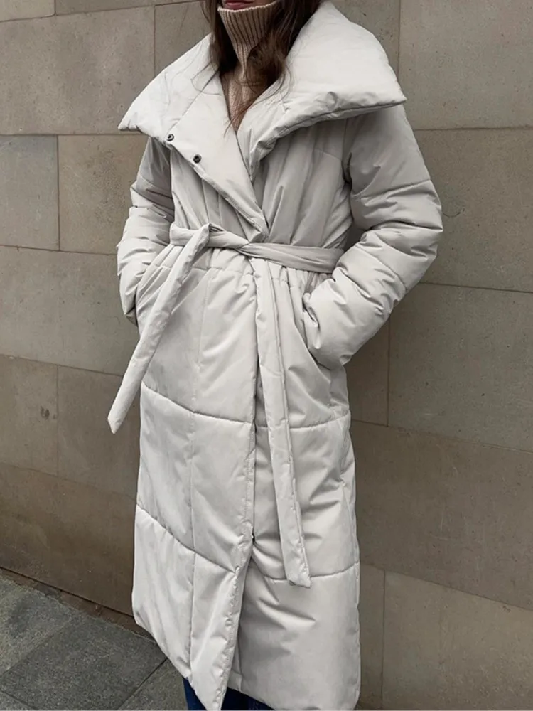 

Winter New Loose Casual Warm Long Stand-up Collar Cotton Clothes Women's Personality Street Solid Color Tie-up Cotton Tops