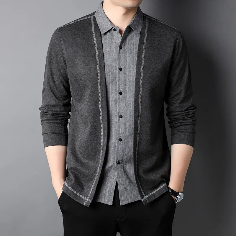 Spring and Autumn New Business Casual Mens Fashion Slim Fake Two Cardigan Sweaters