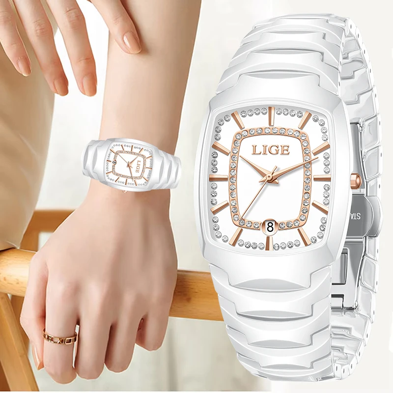 

LIGE Luxury Diamond Dial Quartz Watches for Woman Fashion Elegant Ladies Watch Casual Ceramic Waterproof Women's Wristwatch New