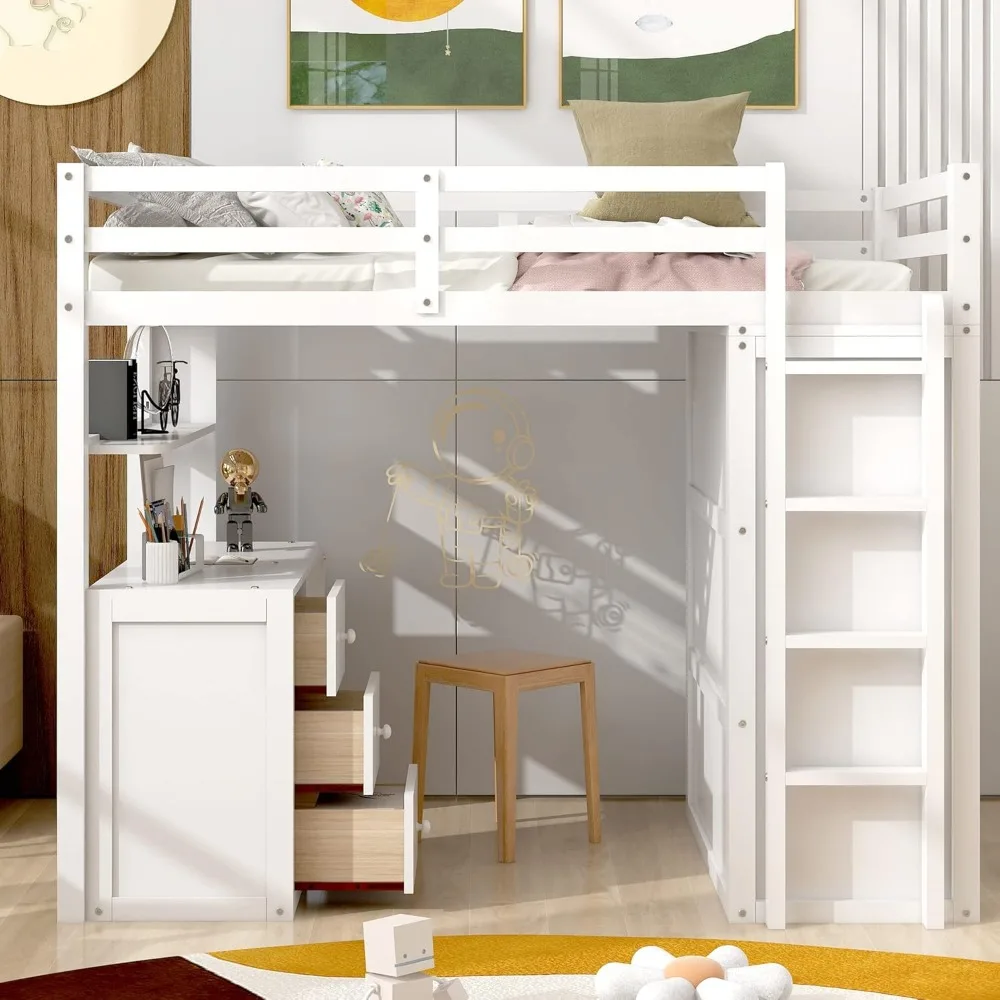 Hoog Twin-size hoogslaper met bureau en kledingkast, massief houten hoogslaperframe Twin met opbergladen voor kinderen tieners volwassenen, nr