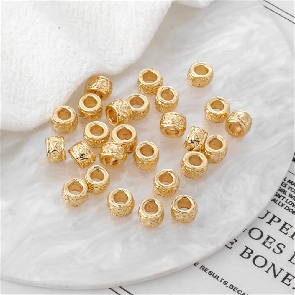 

50pcs 14K Gold-covered Large-Hole Retro-Textured Barrel Beads, Drum Beads, DIY Jewelry Accessories, Bracelet, Necklace, 4x5.5mm