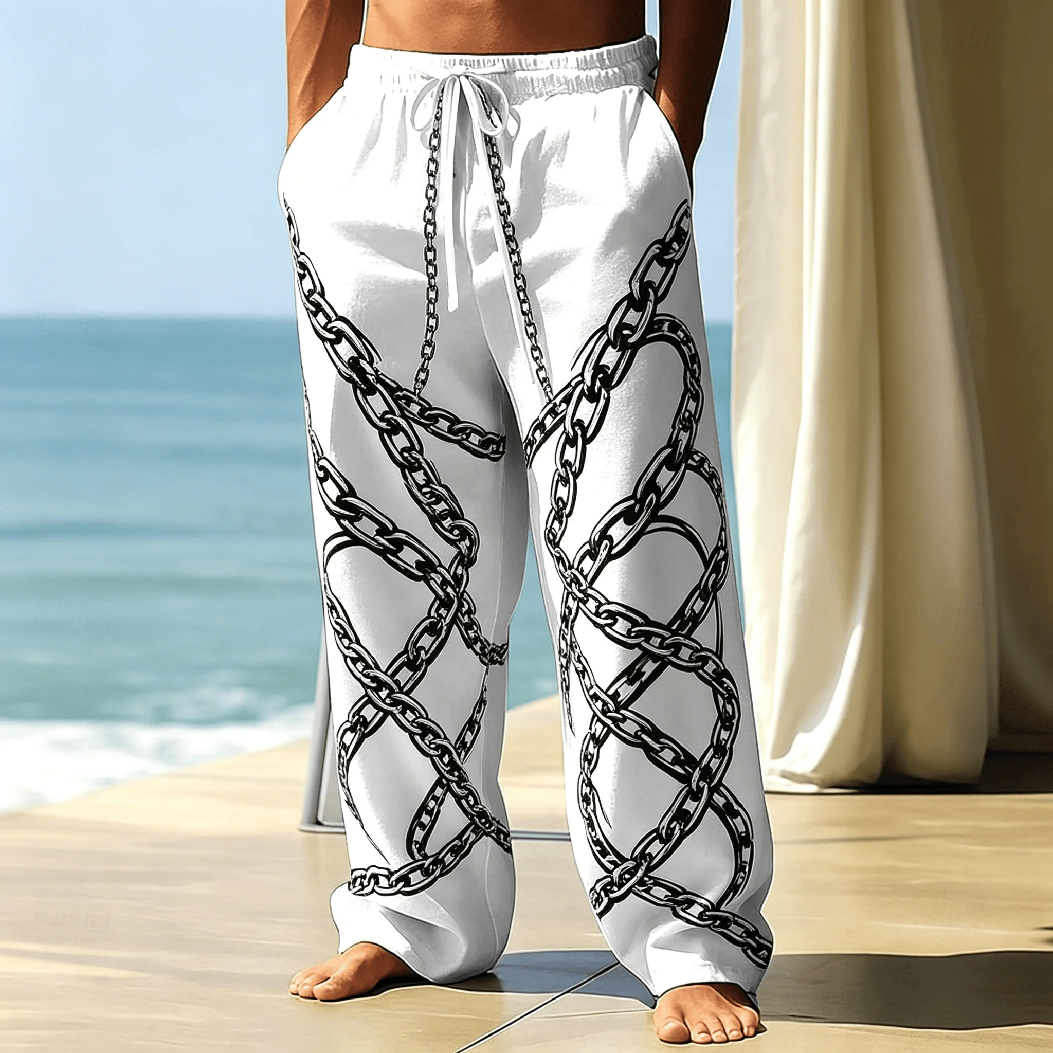 Herren Schwarz-Weiße Optische Täuschungs-Illusion Wellenmuster Kordelzug Weite Hose, Psychedelische Gerade Hose für Frühling & Sommer – Detail 4