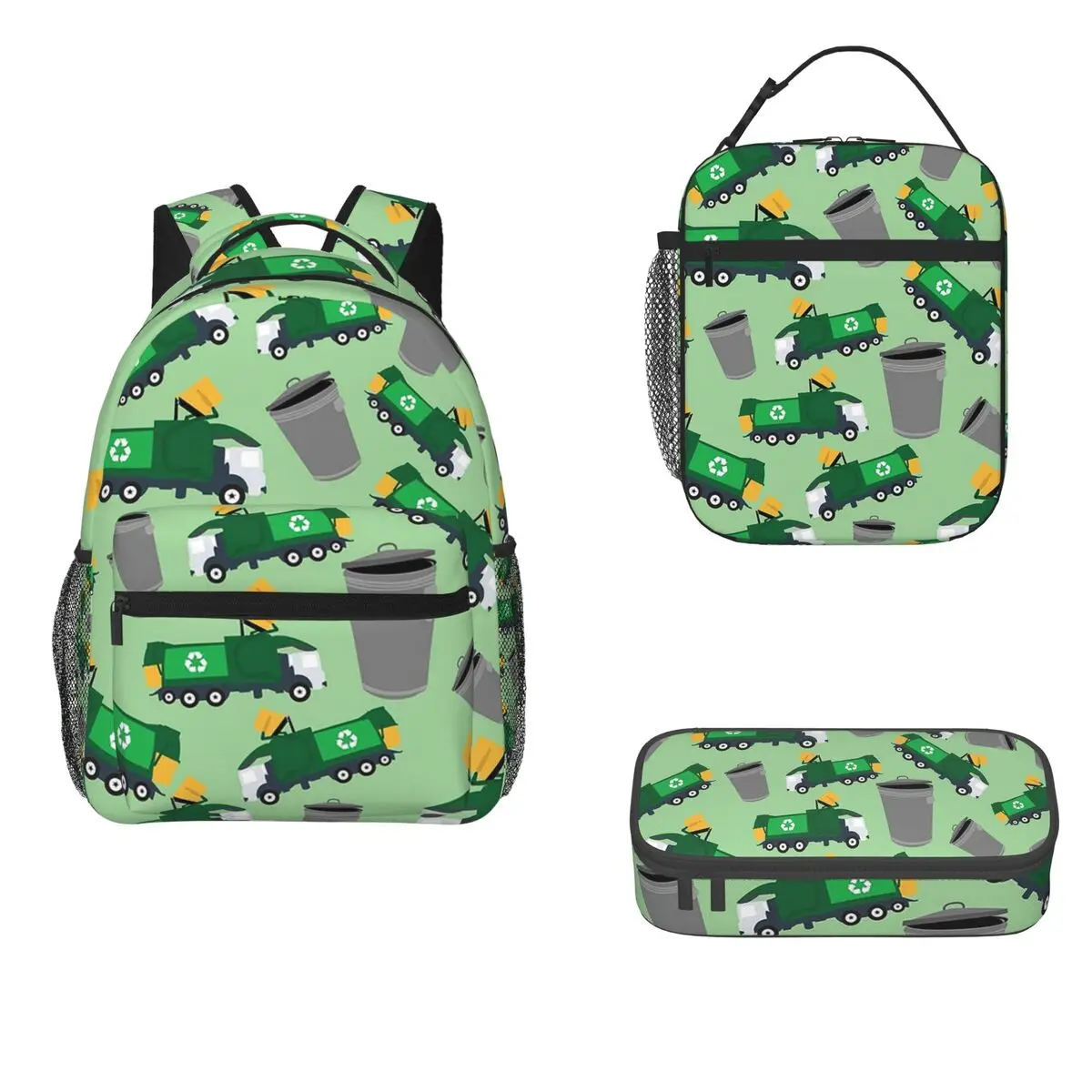 Recycling Garbage Truck Backpacks Boys Girls Bookbag Children School Bags Cartoon Rucksack Lunch Bag Pen Bag Three-Piece Set