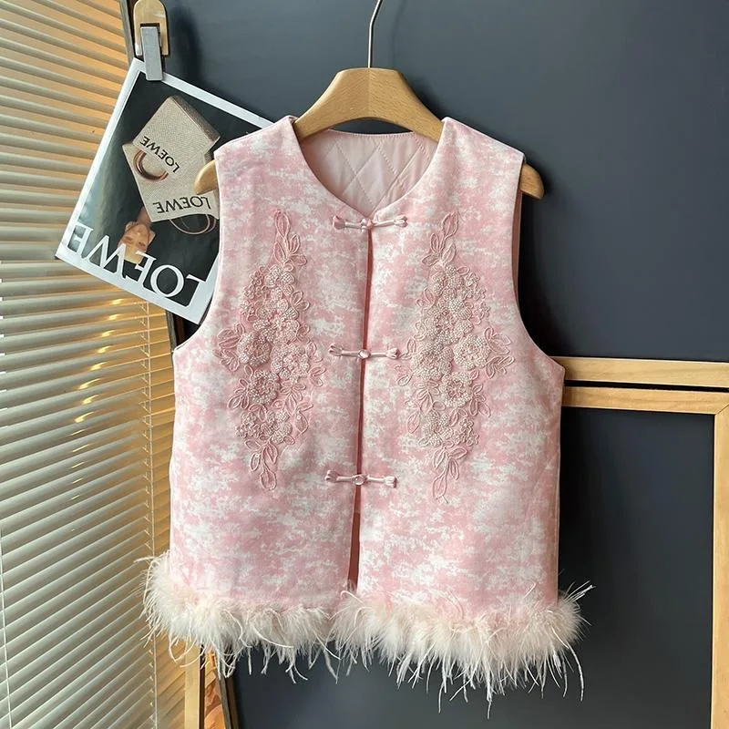 2026 New Chinese Style Tang Clothes Feather Trim Qipao Top Women Autumn Spring Jacket Sleeveless Chesongam Vest Tops Outwear