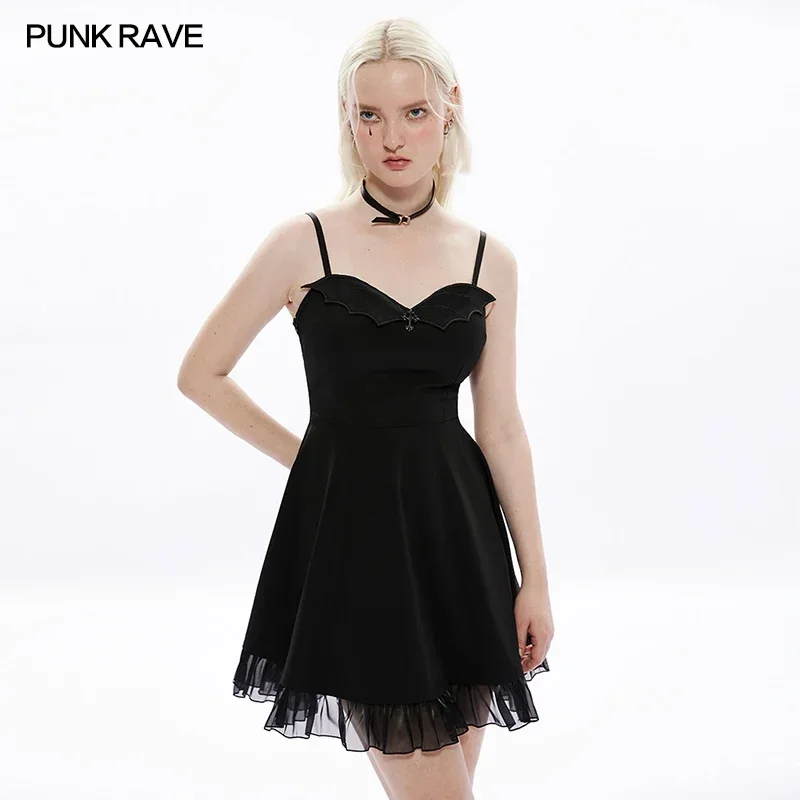 

PUNK RAVE Women's Bat Cross Playful A Line Elastic Slip Dress Fluffy Organza Lace Hem Decoration Club Sexy Small Black Dresses