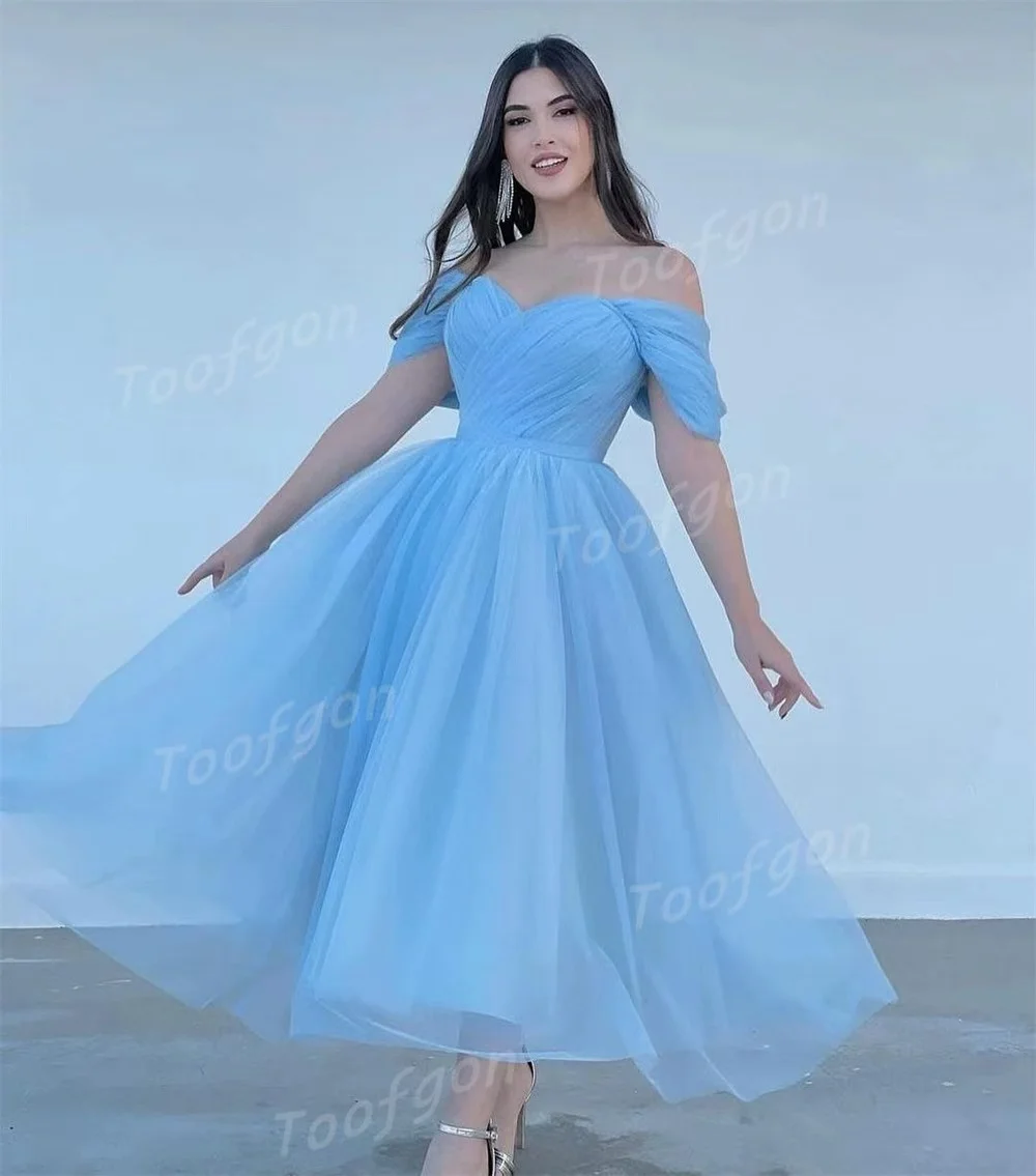 Toofgon-vestidos de graduación con hombros descubiertos, vestido de fiesta de noche de tul azul, línea A, corsé en la espalda, vestidos elegantes de fiesta personalizados