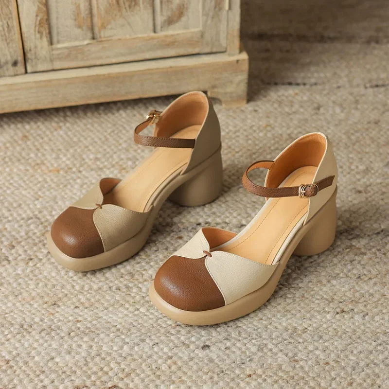 

Retro genuine leather hollowed out high thick heels with thick soles, one line buckle, wrapped toe sandals for women