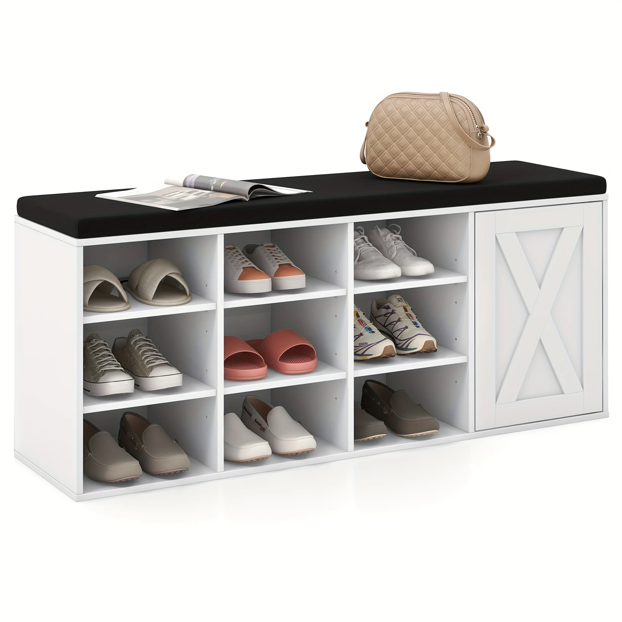 

9-Cube Shoe Rack Organizer with Comfortable Cushion - Adjustable Storage Bench for Entryway, Bedroom, Dorm - Sturdy & Stylish Ho