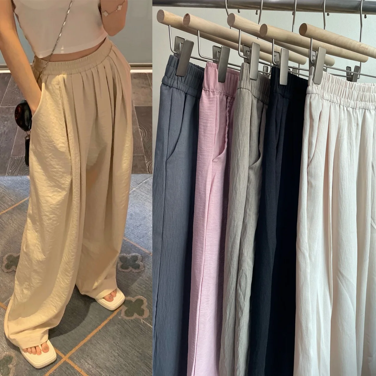

Summer Loose Texture Casual Wide Leg Pants Women's Sakamoto Pants Leisurely Stroll Style Japanese Style High Waist PVC Polyes...