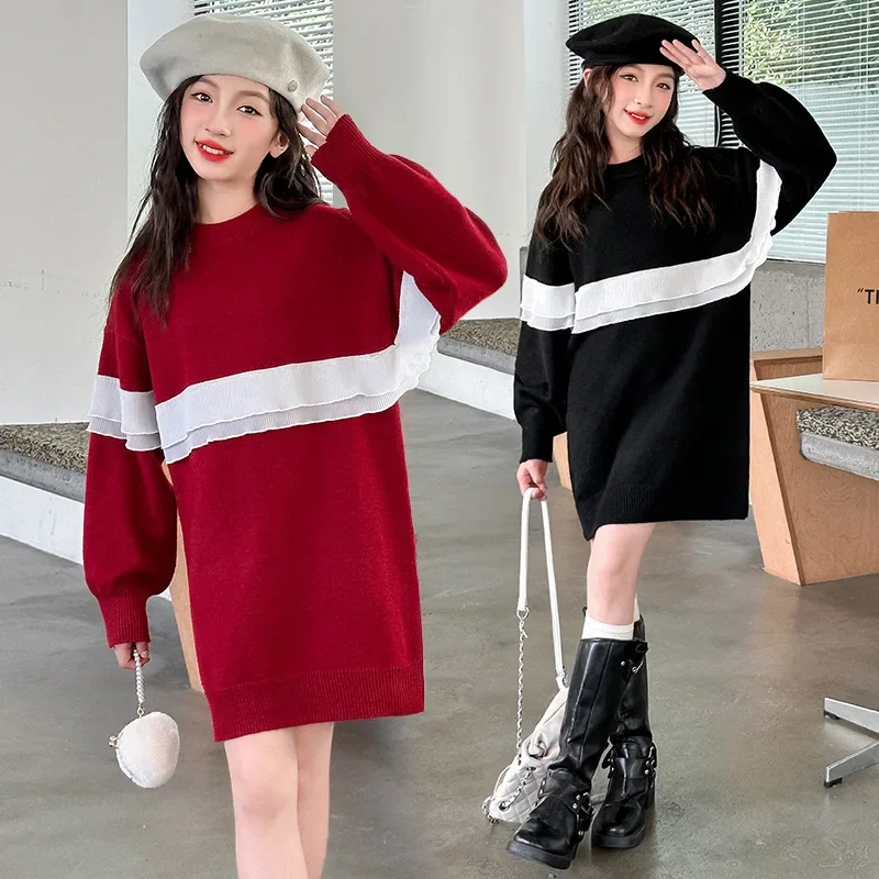 Girls' autumn and winter dress 2024 new style children's stylish woolen dress pullover sweater loose fit