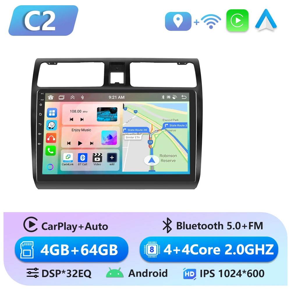 Podofo 6 + 128G CarPlay Android Auto 2 Din Autoradio voor Suzuki Swift 2005-2010 Multimedia Video speler GPS Stereo WIFI Head Unit