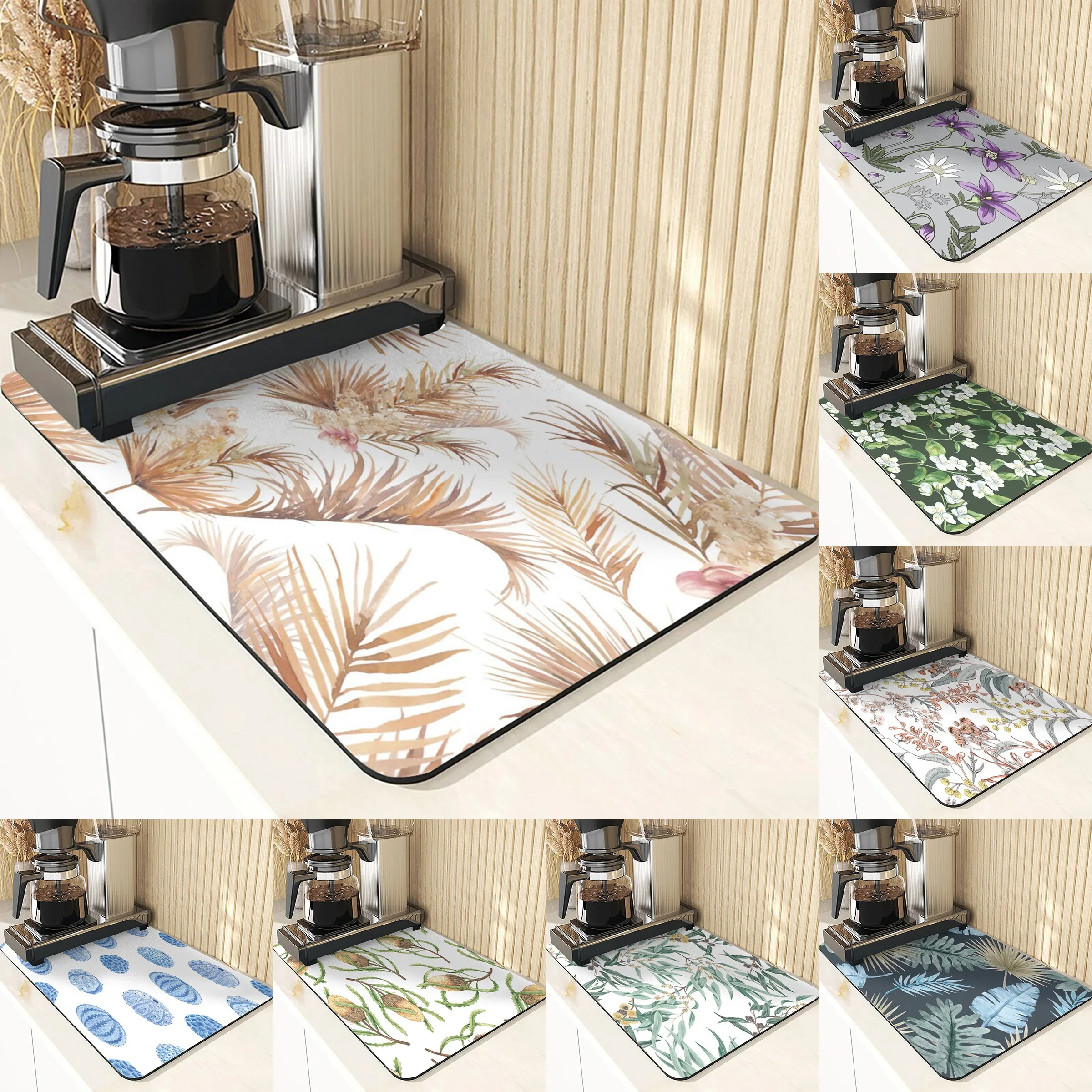 Plant Style Coffee Dishes Non-Slip Mat Coaster Leaf Pattern Placemats For Table Silicone Pad Absorbent Drying Mats For Kitchen