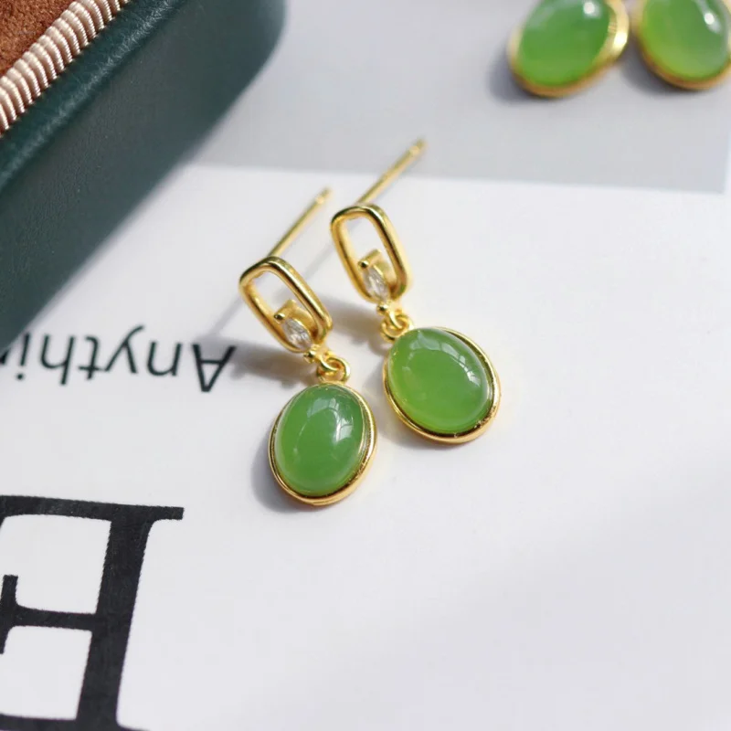 

Серьги из натурального русского материала S925, серебро, полноцветный прозрачный зеленый кабошон, нефритовые серьги Hetian