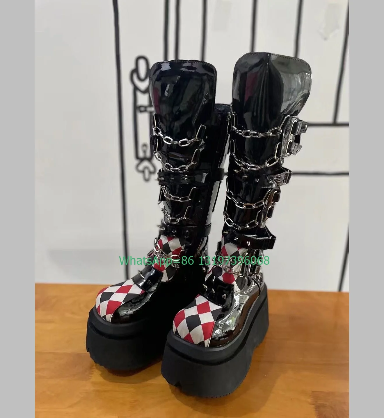 Lady Metallic Pu Platform Chain Design Knee Boots Bohemian Style Punk Printed Red Paid Retro Sexy Boots New Arrive Runway Boots