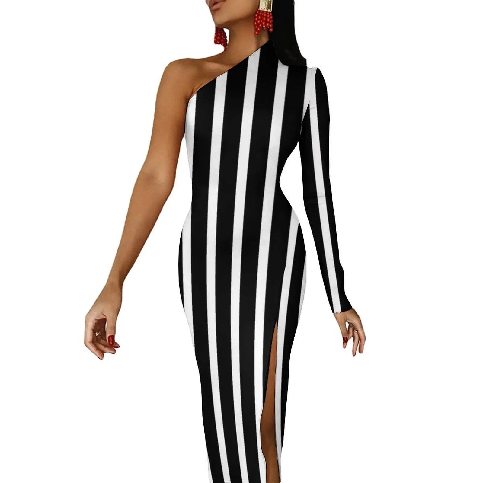 

White Striped Bodycon Dress Female Abstract Art Print Elegant Maxi Dress Long Sleeve Aesthetic Design Dresses Birthday Gift