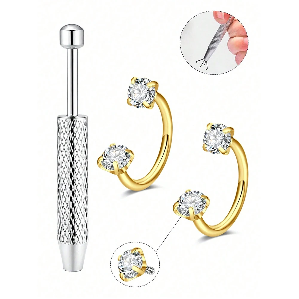 18G 2 Stück Hufeisen-Nasenringe mit 1 Stück Piercing Taper Ball Grabber, Edelstahl Doppel-Zirkonia-Nasenbolzen – Detail 9