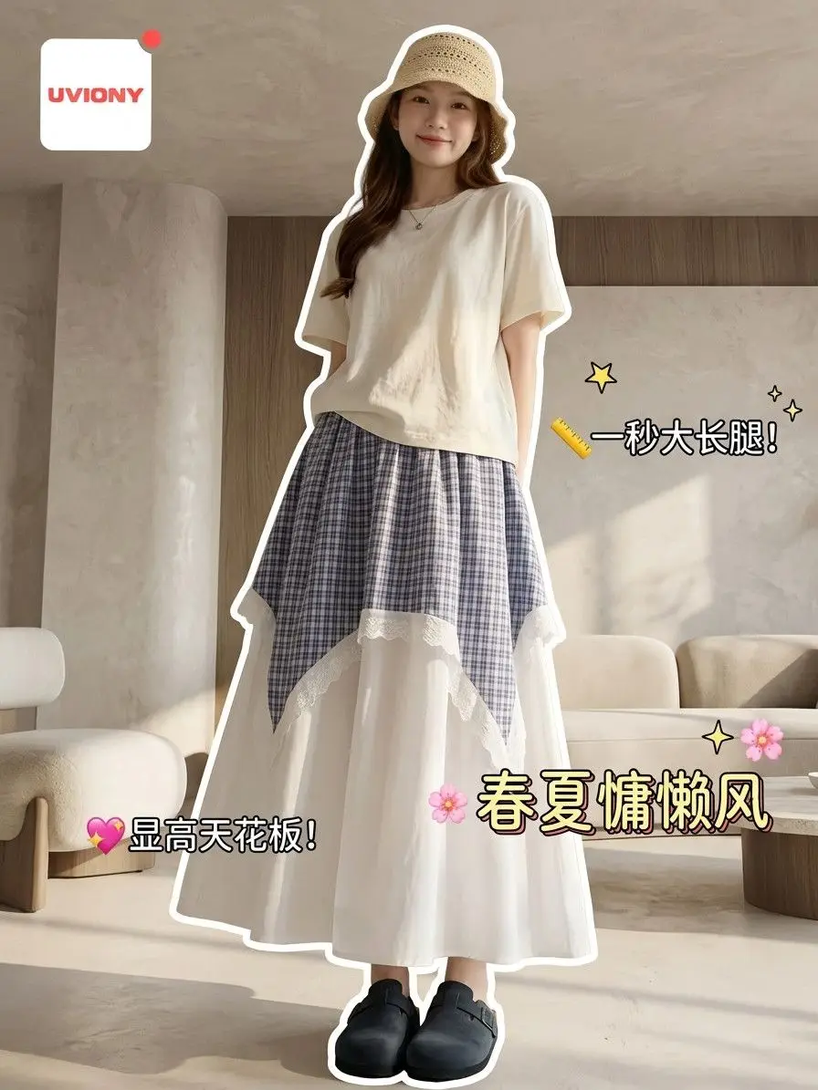 

Double Layer Irregular Lace Blue Plaid Skirt for Women 2026 New Summer Style Large Swing Seaside Vacation Mid-length Skirt