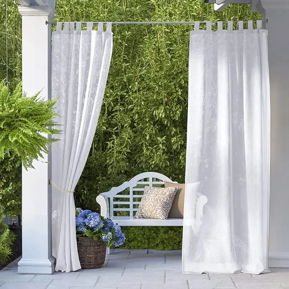 

Outdoor Sheer Curtains, Waterproof Tab Top White Drape for Cabana Patio Door Window, Corridor, Sun Room, Pool Hut, Canopy Deck