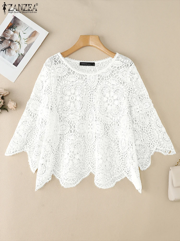 

ZANZEA Lace Solid Tops Women Hollow Out Summer Blouse 2025 Fashion Beach Seethrough Pullovers 3/4 Sleeve Solid Color Blusas