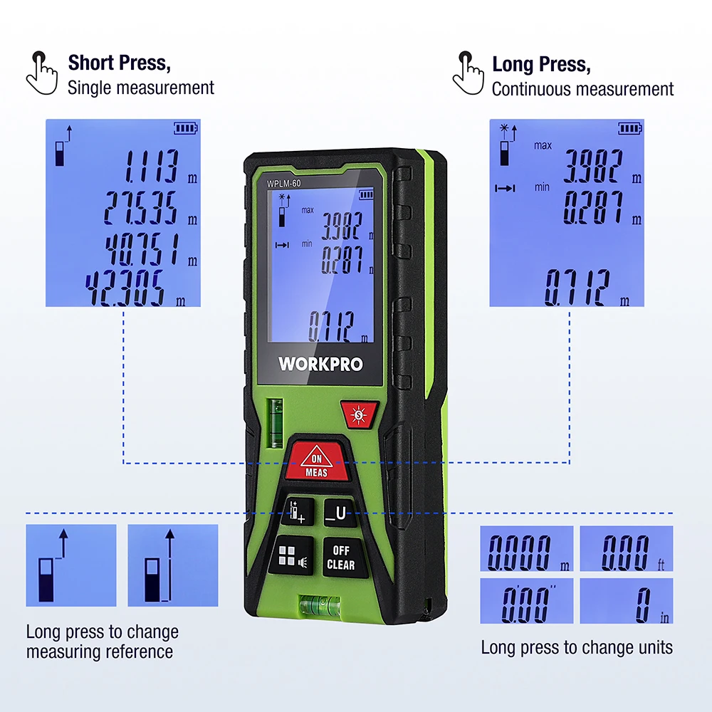 WORKPRO-telémetro láser Profesional, medidor de distancia con 2 niveles de burbuja, 40M, 60M, 80M, 100M