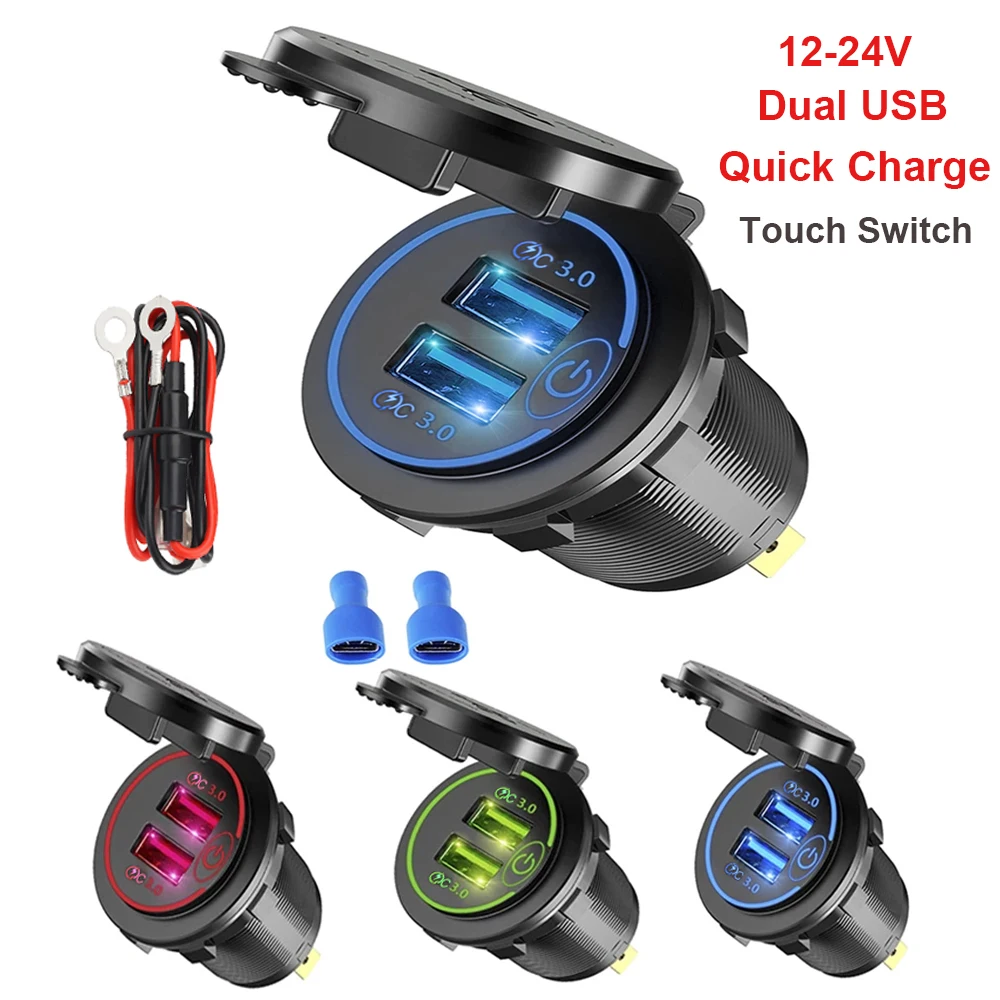 Quick Charge 3.0 Dual USB Car Charger Socket Waterproof 12V/24V USB Fast Charging Socket Power Outlet with Touch Switch