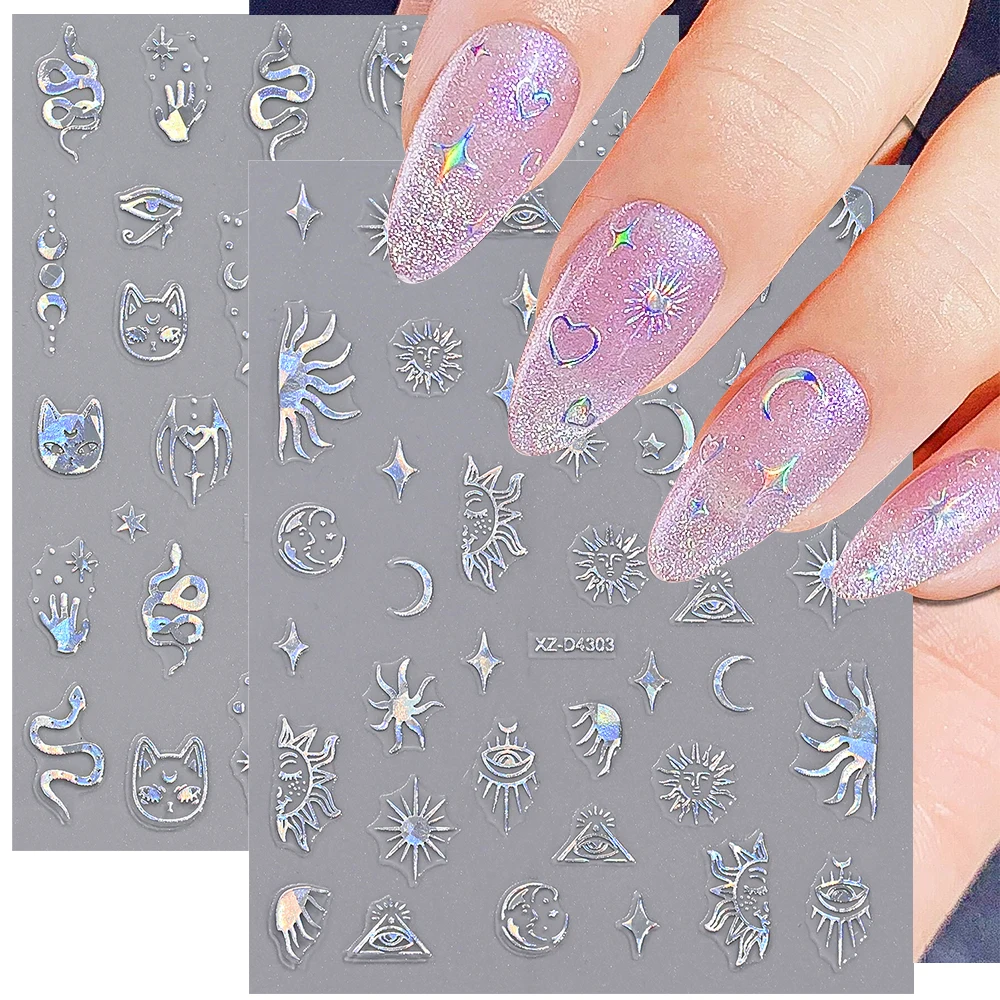 12 stks/set Bronzing Laser Gouden Maan Zon 3D Nail Art Stickers voor Nagels Decoratie Lijm Sliders DIY Nail Art Accessoires