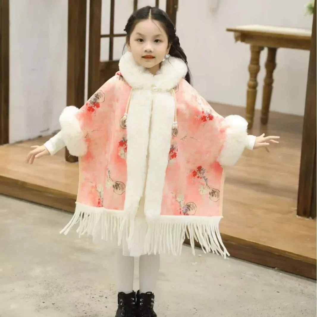 New Year Fashion Girls Coat Cape Chinese Style Winter Outerwear Thicken Children Shawl Warm Baby Wraps Cloak Jacket Kids Clothes