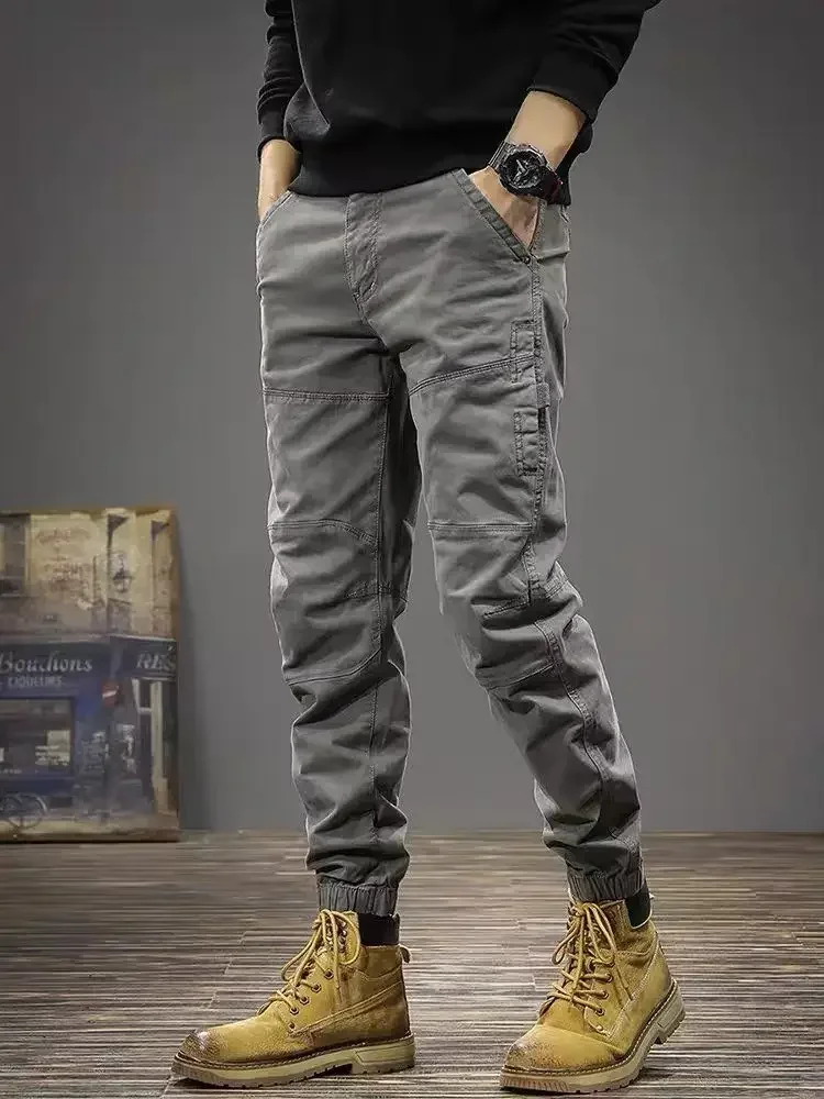 Pantalones Cargo grises para hombre, pantalones negros multibolsillos para hombre, ropa técnica ajustada con múltiples bolsillos, estilo coreano Harajuku, algodón y nailon Y2k de lujo