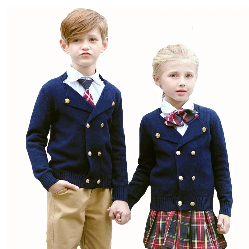 New Arrival Knitted Cardigans For Boys England Style Double Breasted Coats Spring Autumn Navy Blue Teenage Uniform Girls Sweater