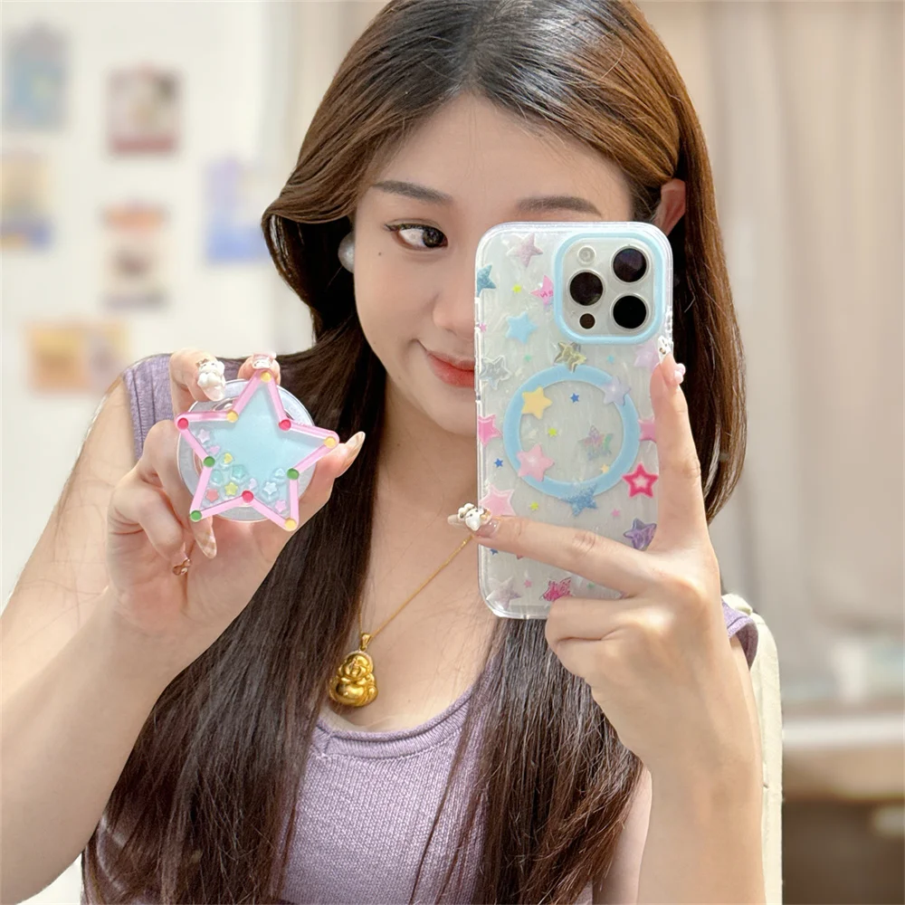

Fashion shell pattern colorful star shake stand phone case for iPhone 15Pro 14 15 16 ProMax Funda with Magsafe holder cute cover