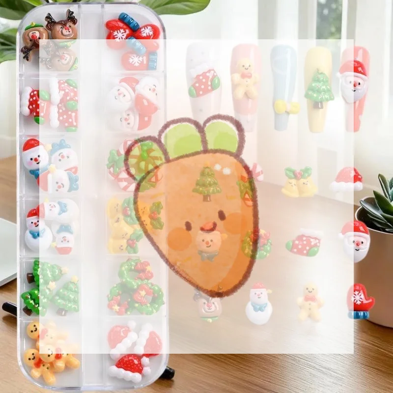 12 Grid 36/60 Pcs Kawaii Mini Snowman Xmas Tree Nail Charms 3D Reindeer Santa Claus Nail Rhinestones Resin Christmas Nail Gems