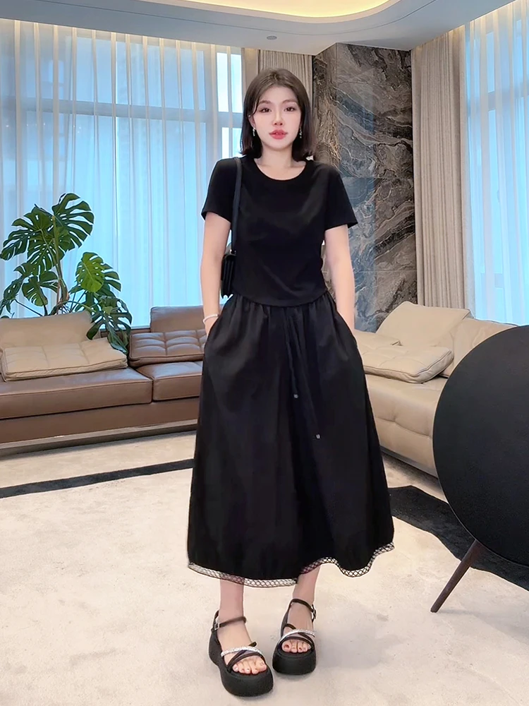 

Fene ort Sve T-irt Casual Bla Top Women's Fibone Waistline Split Versatile Basic Length MEHOMEYANG Commute Sle