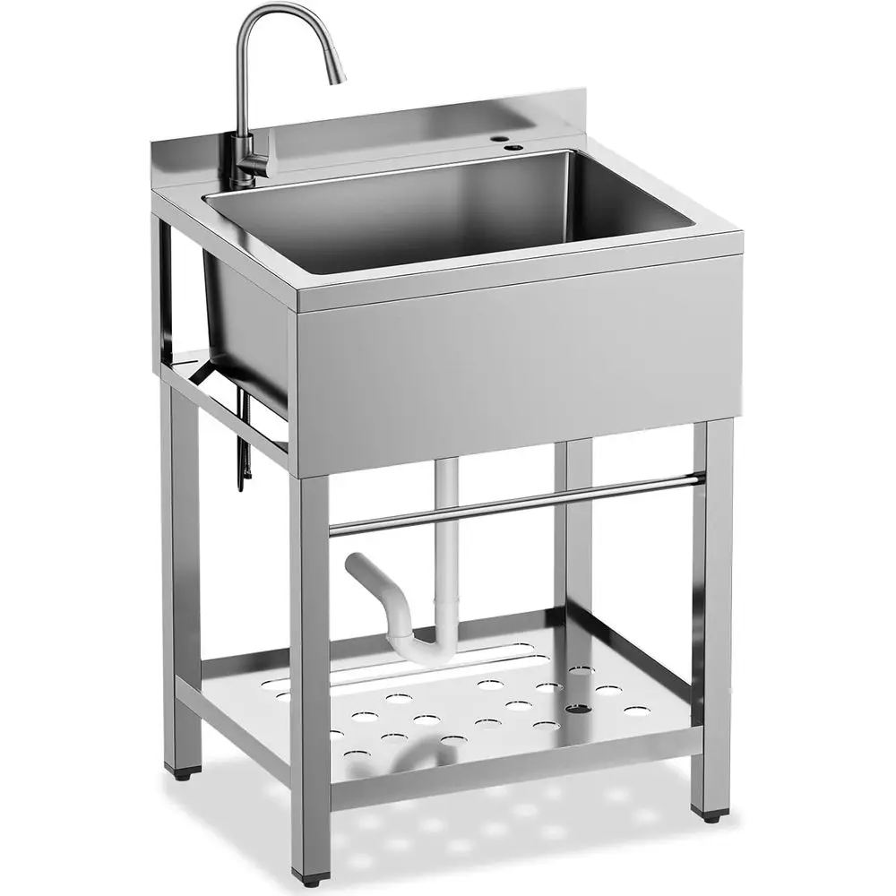 

Stainless Steel Utility Sink, 25 Inch Single Bowl Kitchen Sink with Cold Hot Water Pipe Standard P-trap Drainge for Laundry Room