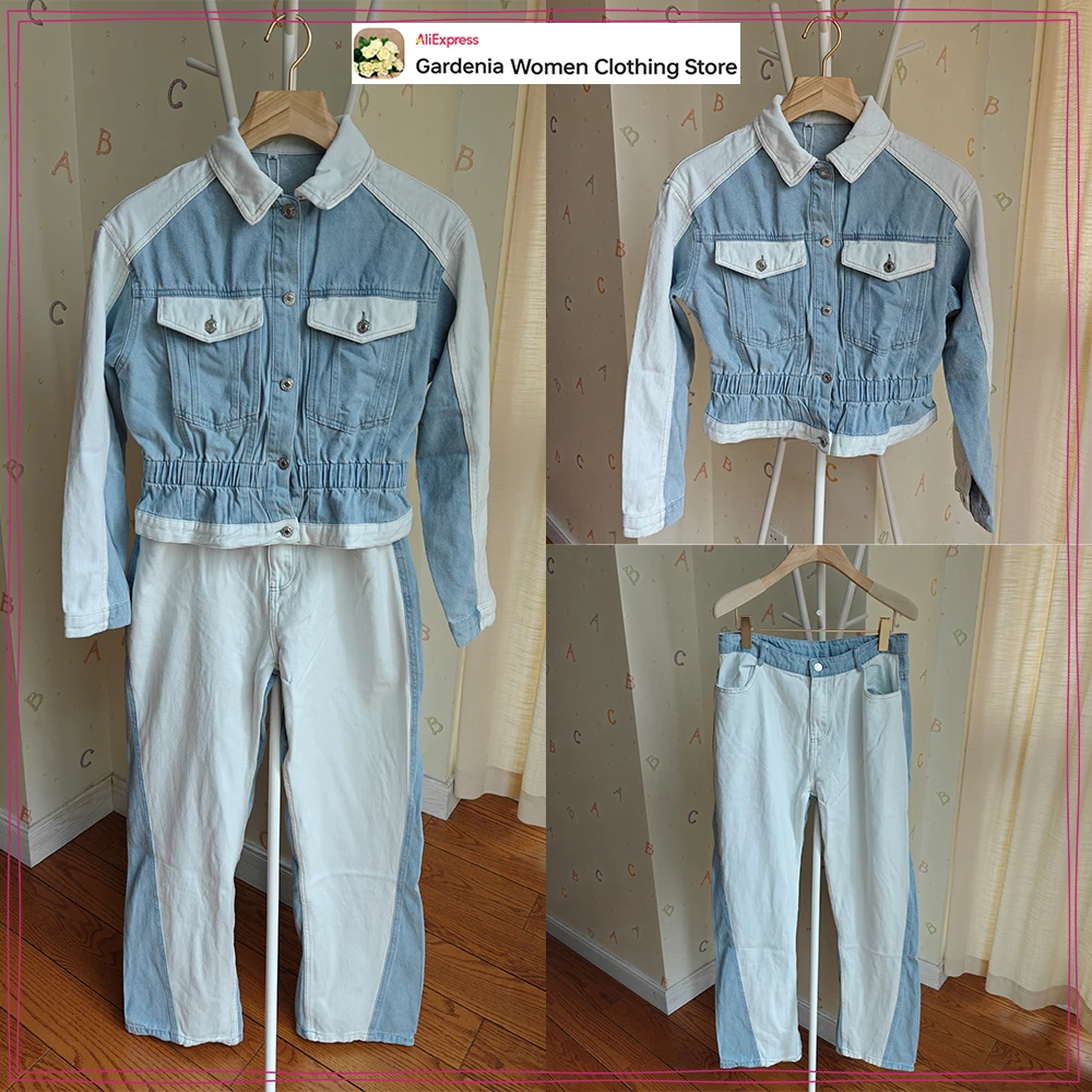 

Women's Stylish Combined Wash Denim Pant Sets New in High Street Matching Set Comfy Combined Denim Jacket and Straight Leg Jeans