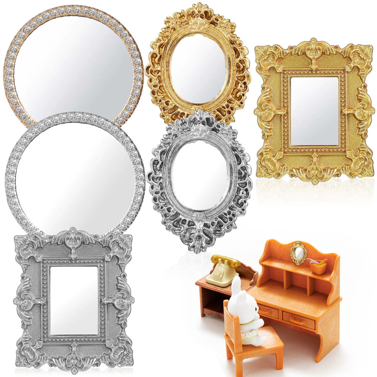 

6Pcs Miniature Mirror Models Small Delicate European Frame Decorations for Dollhouse Furniture DIY Landscape Projects