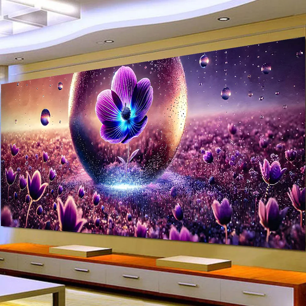 5D DIY Large Diamond Painting Cross Purple Flower Landscape Wall Art, Full Round Drill, Embroidery Home Decor