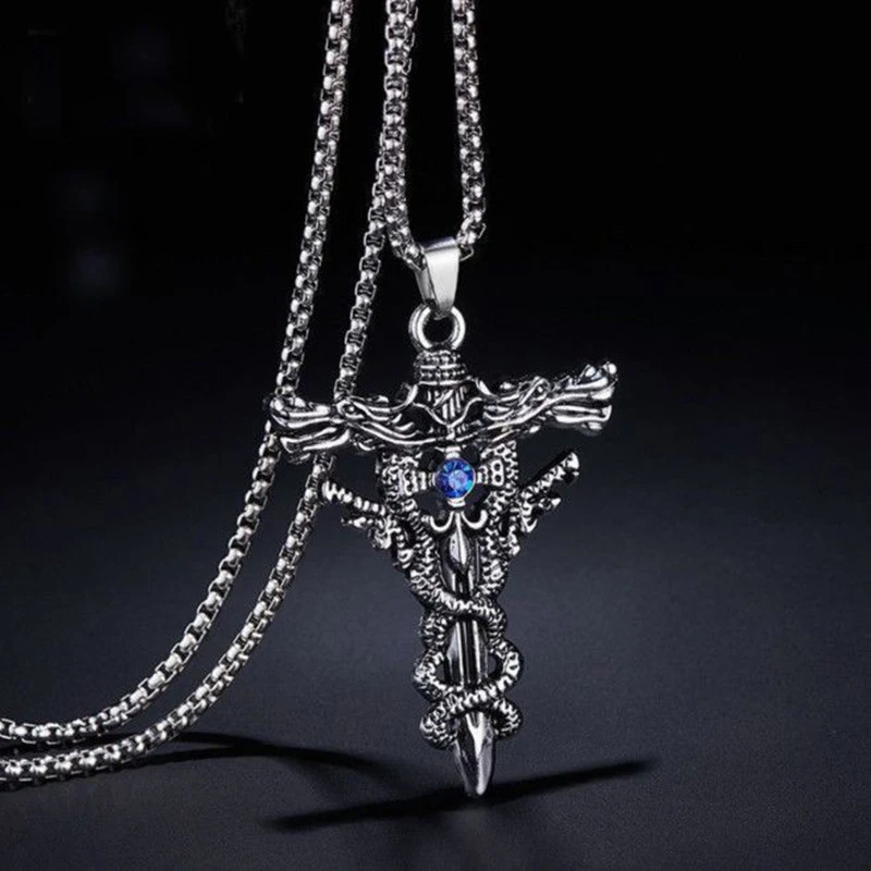 Punk Fashion Titanium Steel Necklace For Men Alloy Double Dragon Sword Pendant Choker Vintage Evil Eye Cross Jewelry Gift