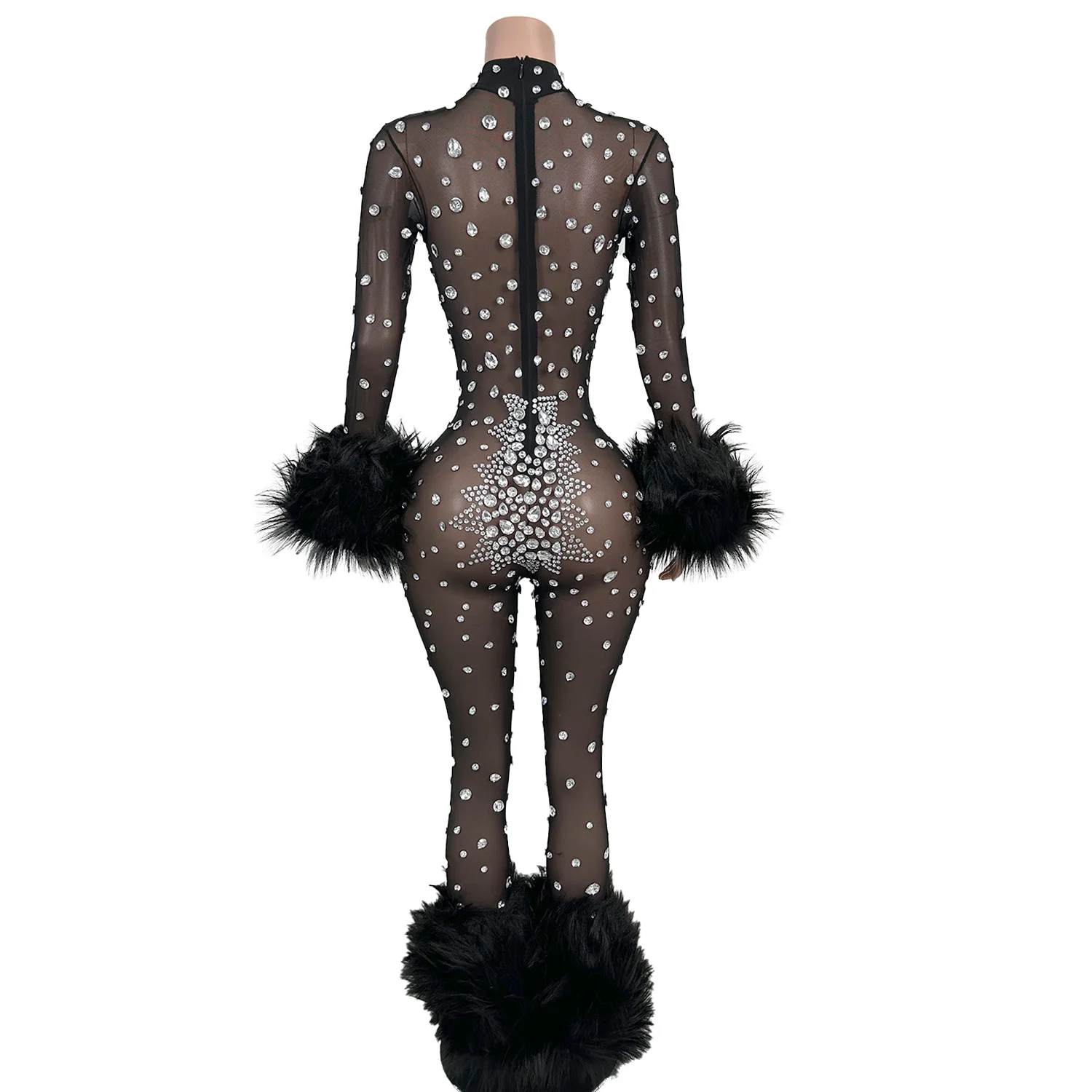Guibinlianti Tuta nera sexy in rete con polsini in peluche leggings con strass argento Natale Halloween Capodanno Abito da festa