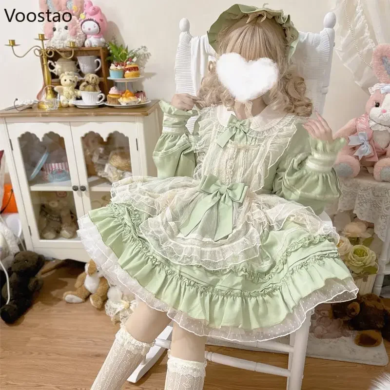 Vestido OP com laço de malha para mulheres, vestido doce princesa Lolita, vestidos verdes elegantes vintage, vestido vitoriano feminino de chá Kawaii, Harajuku